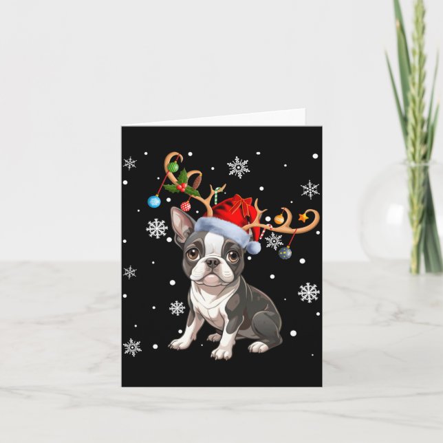 Cartão Christmas Light Reindeer Santa Hat Boston Terrier  (Frente)