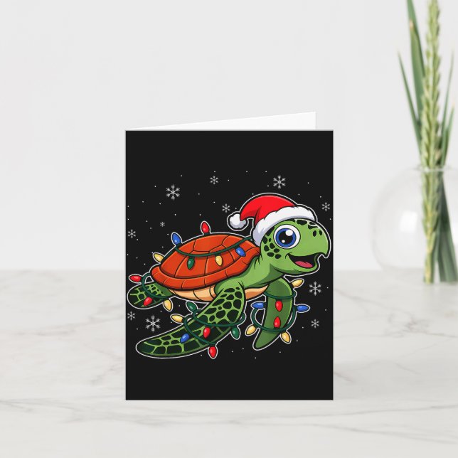 Cartão Christmas Lights Turtle Wearing Xmas Hat - Lover  (Frente)