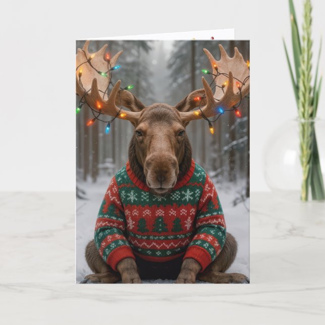 Cartão Christmas Moose Wearing an Ugly Sweater (Frente)