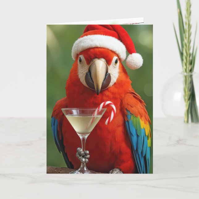 Cartão Christmas Parrot Holding a Cocktail (Frente)