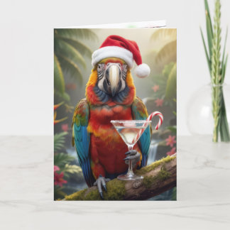 Cartão Christmas Parrot Holding a Martini Cocktail