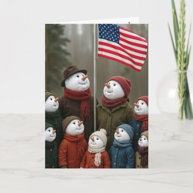 Cartão Christmas Patriotic Snow Family With American Flag (Frente)