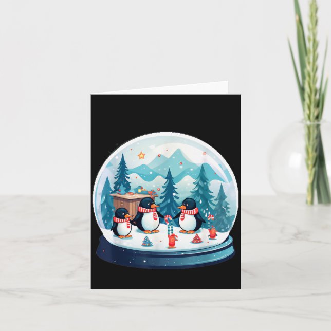 Cartão Christmas Penguin Snow Globe Scene Family Holiday  (Frente)