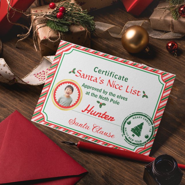 Cartão Christmas Photo Certificate Santa Nice List (Criador carregado)