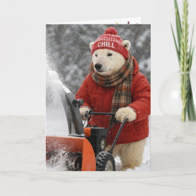 Cartão Christmas Polar Bear Pushing a Snowblower (Frente)