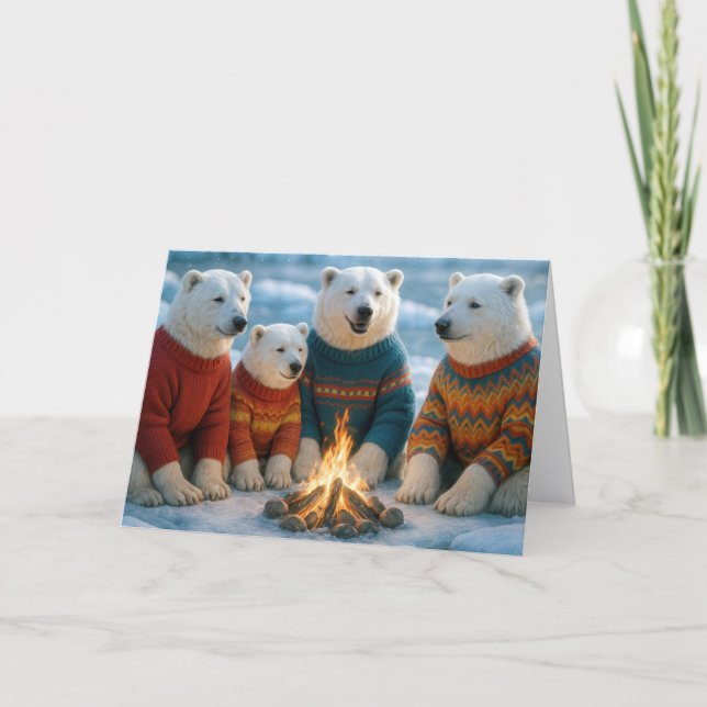 Cartão Christmas Polar Bears Gathering Around a Bonfire (Frente)