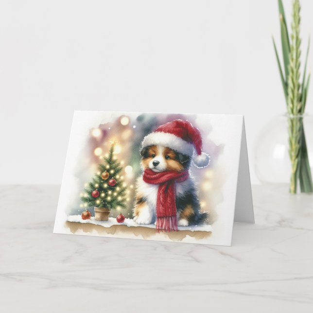 Cartão Christmas Puppy with Santa Hat and Red Scarf Blank (Frente)