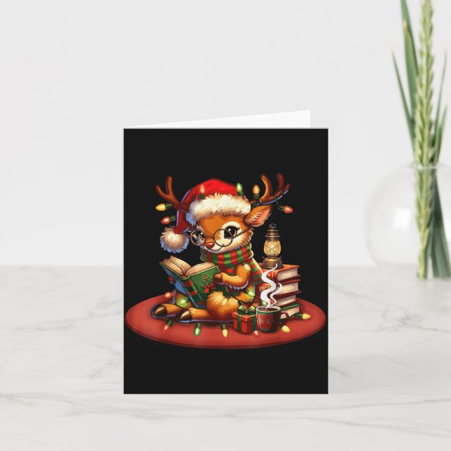 Cartão Christmas Reading Book Lovers Bookworm Coffee Rein (Frente)