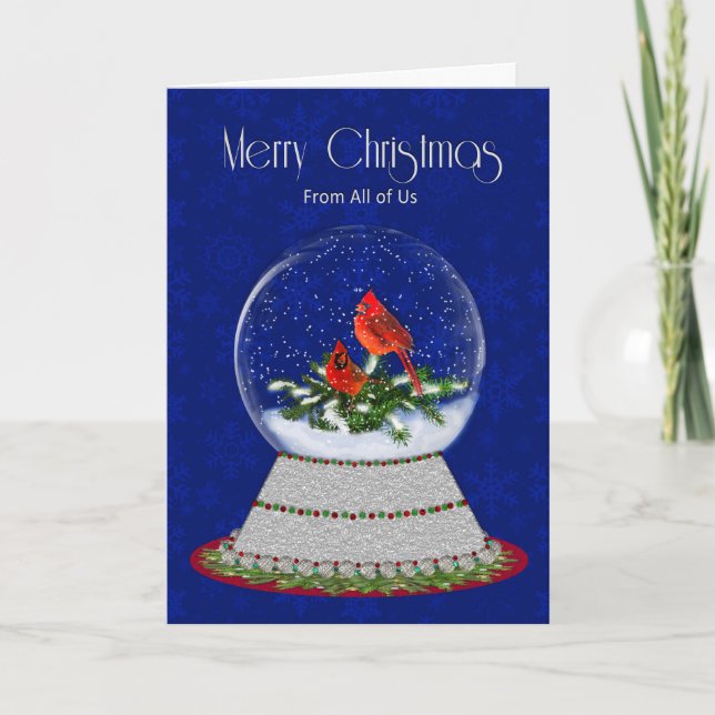 Cartão Christmas Red Cardinal Snow-Globe, From All of Us (Frente)