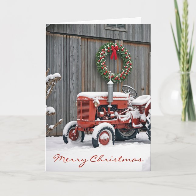 Cartão Christmas Red Farm Tractor In Snow (Frente)