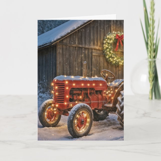 Cartão Christmas Red Farm Tractor With Glowing Wreath (Frente)