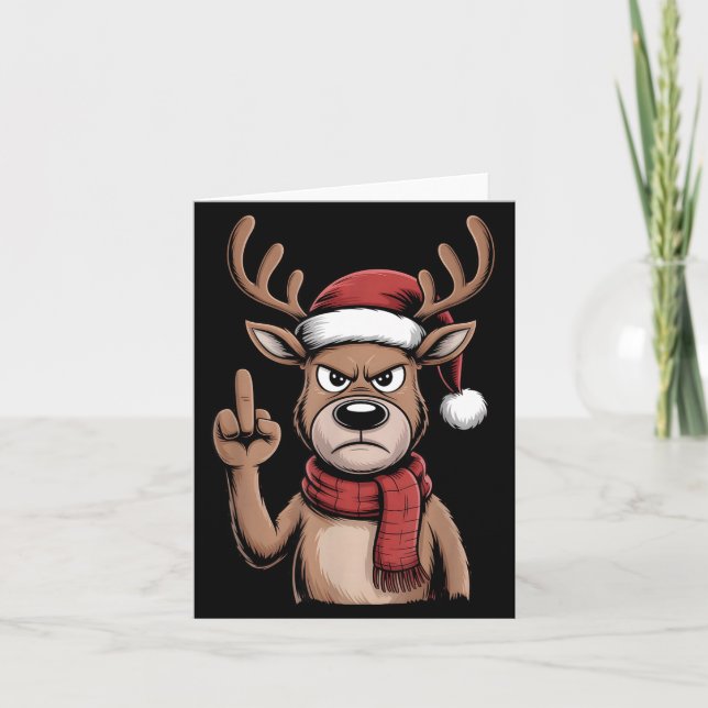 Cartão Christmas Reindeer Middle Finger Sarcastic Xmas Fu (Frente)