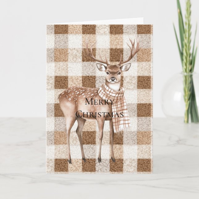Cartão Christmas Rustic Cream Brown Plaid Deer (Frente)