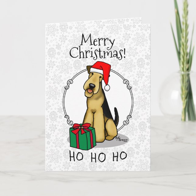 Cartão Christmas Santa Airedale Terrier HO HO HO Cute (Frente)