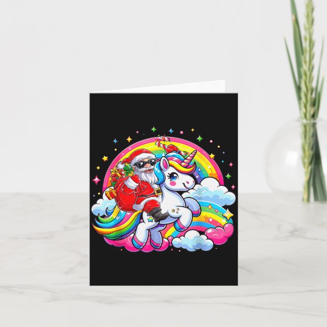 Cartão Christmas Santa Riding Unicorn Cute Xmas Girls Wom (Frente)