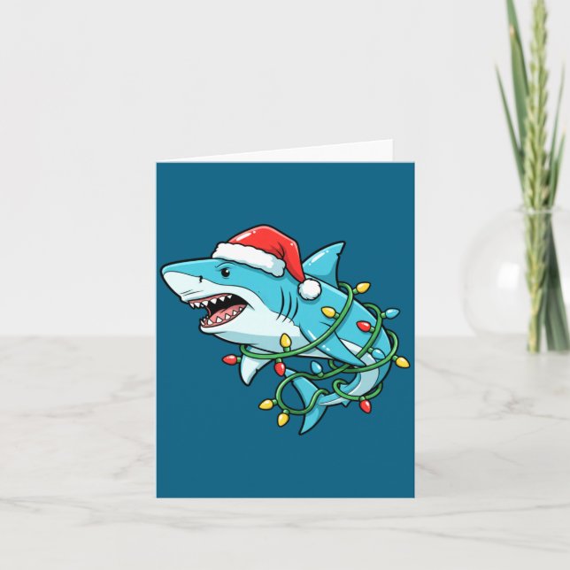 Cartão Christmas Shark Santa Hat Wrapped In Lights Funny  (Frente)