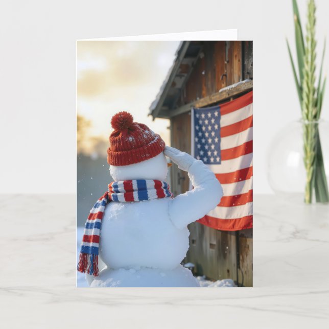 Cartão Christmas Snowman Saluting an American Flag (Frente)