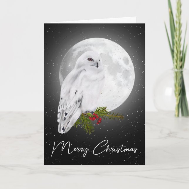 Cartão Christmas Snowy Owl In the Moonlight (Frente)