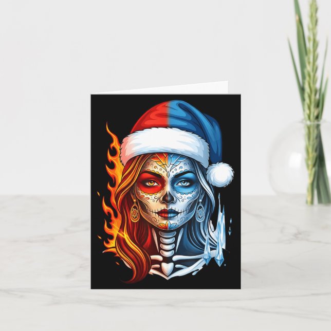 Cartão Christmas Sugar Skull Art Woman Santa Hat Fantasy  (Frente)