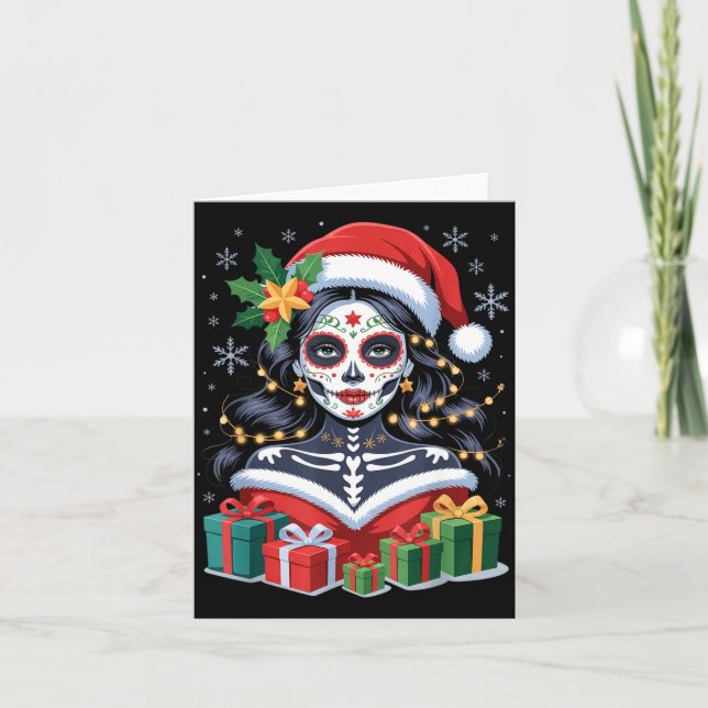 Cartão Christmas Sugar Skull Art Woman Santa Hat Festive  (Frente)