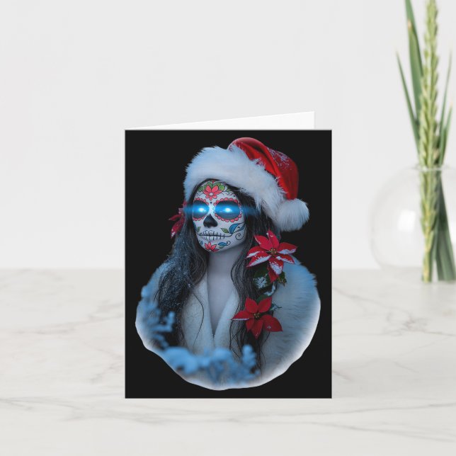 Cartão Christmas Sugar Skull Art Woman Santa Hat Festive  (Frente)