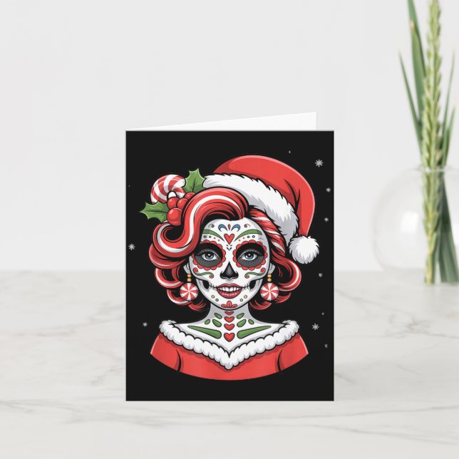 Cartão Christmas Sugar Skull Art Woman Santa Hat Festive  (Frente)