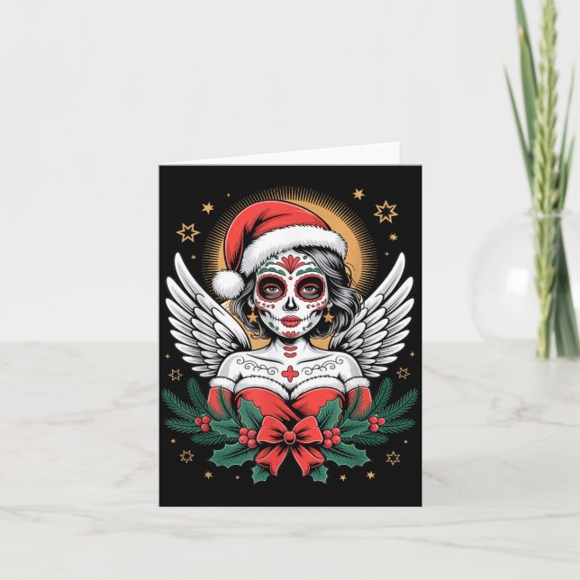 Cartão Christmas Sugar Skull Art Woman Santa Hat Festive  (Frente)