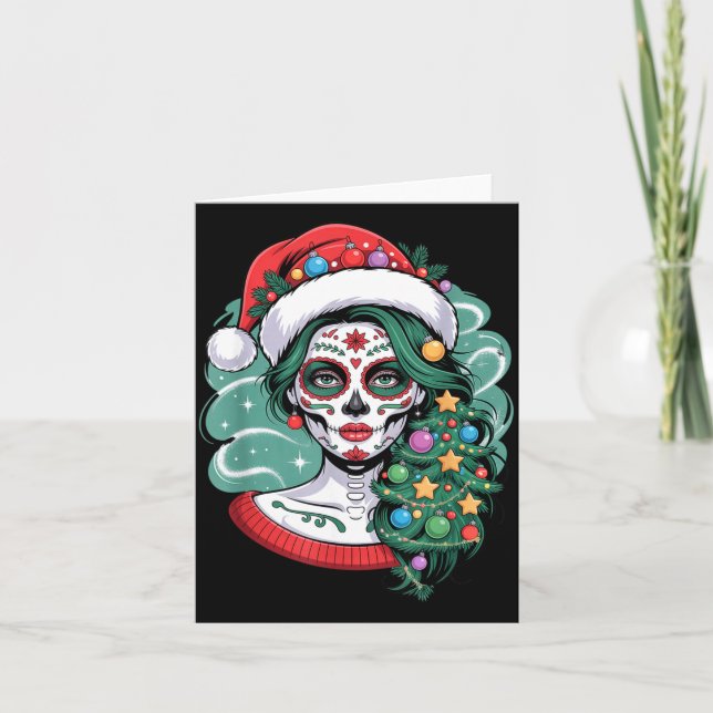 Cartão Christmas Sugar Skull Art Woman Santa Hat Festive  (Frente)