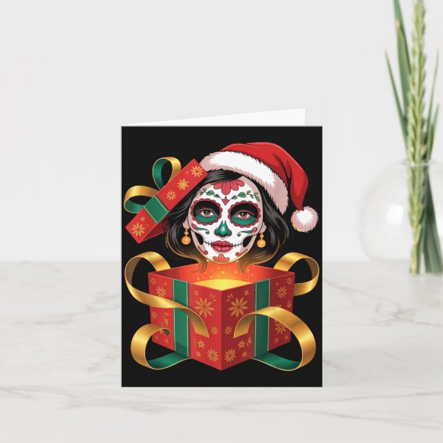 Cartão Christmas Sugar Skull Art Woman Santa Hat Festive  (Frente)