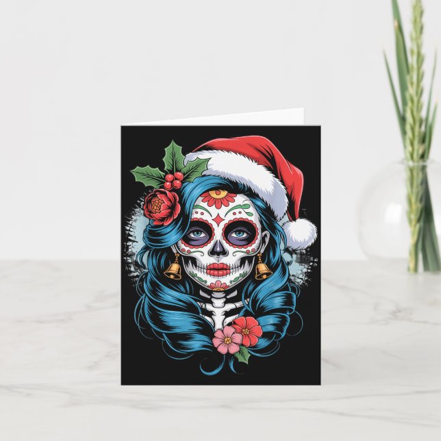 Cartão Christmas Sugar Skull Art Woman Santa Hat Festive  (Frente)