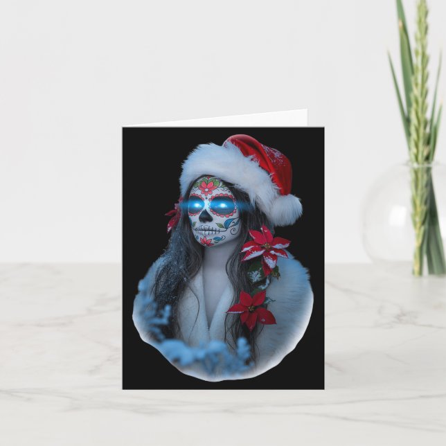 Cartão Christmas Sugar Skull Art Woman Santa Hat Festive  (Frente)