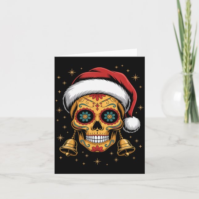 Cartão Christmas Sugar Skull Art Woman Santa Hat Festive  (Frente)