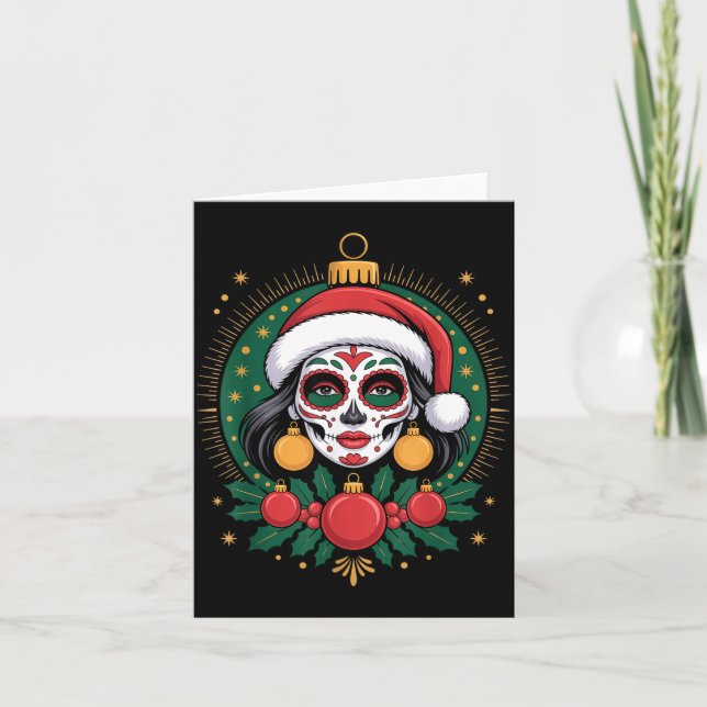 Cartão Christmas Sugar Skull Art Woman Santa Hat Festive  (Frente)