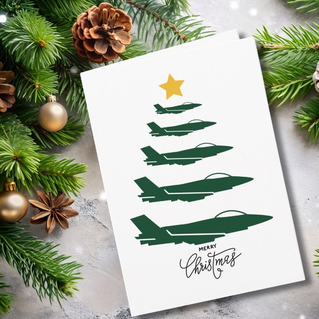 Cartão Christmas Tree Green Military Airplane Minimalist (Criador carregado)
