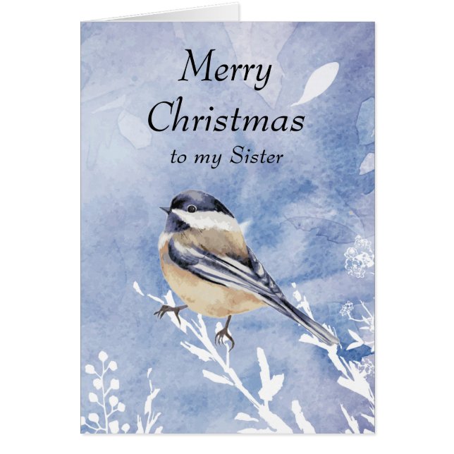 Cartão Christmas Watercolor Chickadee Bird Sister (Frente)