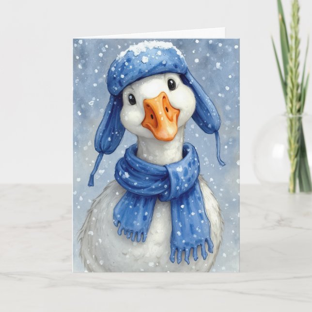 Cartão Christmas White Winter Goose With Blue Scarf (Frente)
