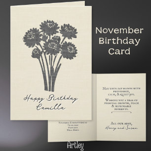 Cartão Chrysanthemum Stamped Novembro Birth Flower Linen