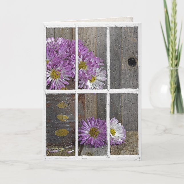 Cartão chuva de aniversário na janela com mães (Frente)