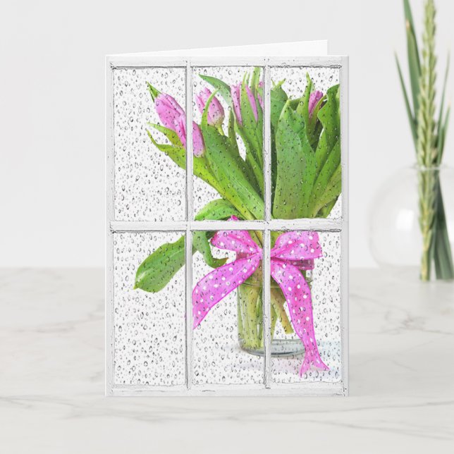 Cartão chuva de aniversário na janela com tulipas (Frente)