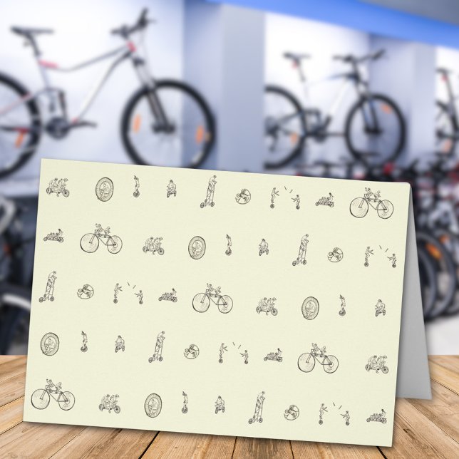 Cartão Ciclistas em Quirky Bicicletas Engraçado Desenho d (Cyclists riding funny bicycles fun cycling black and white line art illustration greetings card)