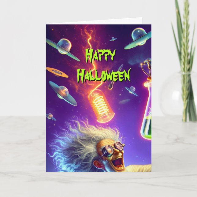 Cartão Cientista Louco No Halloween Com Sua Nova Descober (Frente)