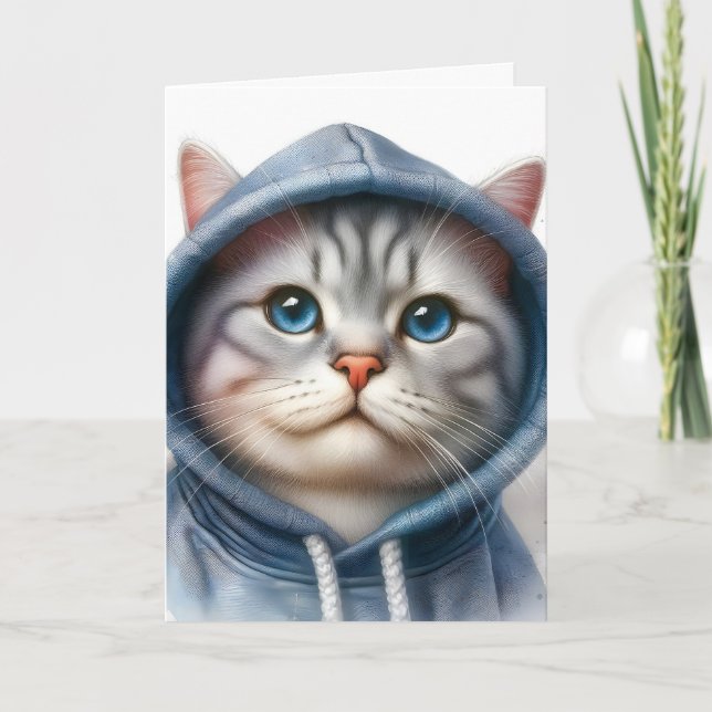 Cartão Cinza branca e guincho branco Hoodie azul de gato (Frente)