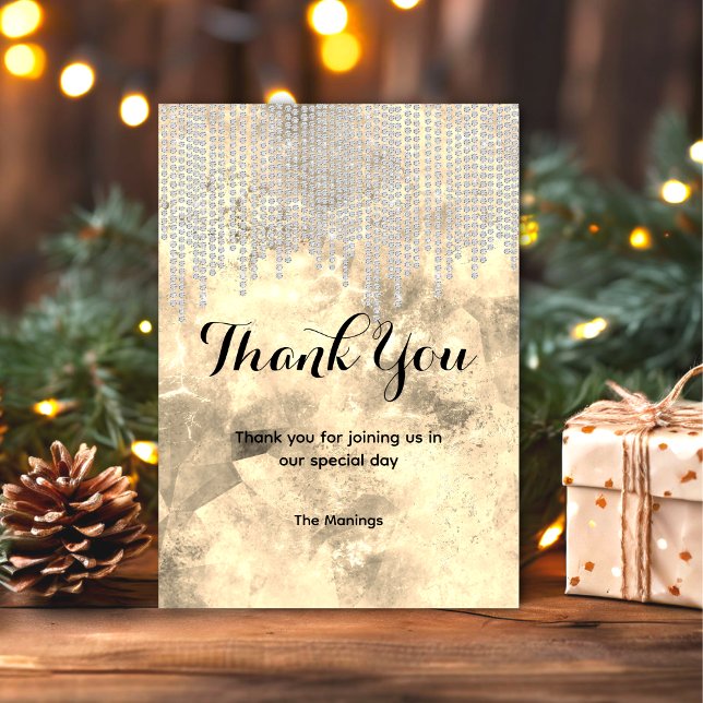 Cartão Cinza chic dourada rinestone gota obrigado você (Criador carregado)