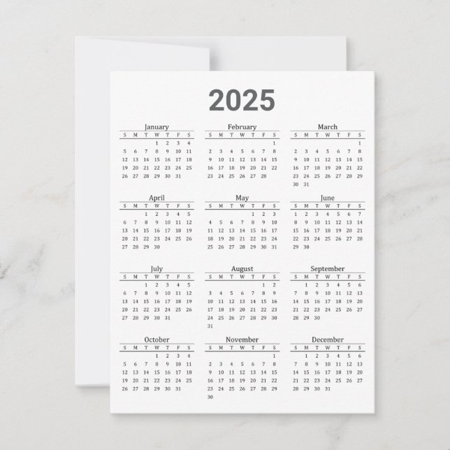 Cartão Cinza e Branco 2025 - Calendário geral (Frente)