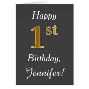 Cartão Cinza, primeiro aniversario Dourado Faux + Nome Pe