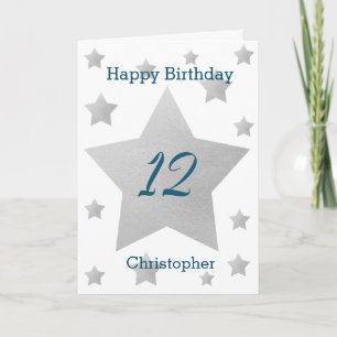 Cartão Cinza Watercolor Stars 12 Birthday Card