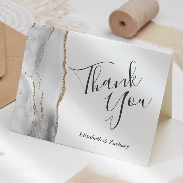 Cartão Cinza White Dourada Agate Casamento Obrigado (Criador carregado)