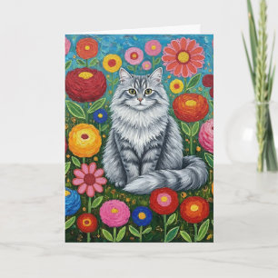 Cartão Cinzas Fluffy Striped Cat com Flores de Arte Folcl