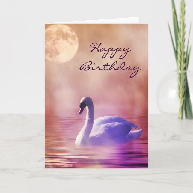Cartão Cisne em um lago enevoado. feliz aniversario (Frente)