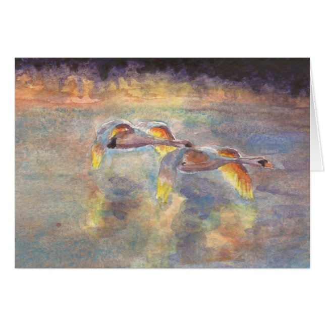 Cartão Cisnes dirigidas em casa no por do sol (Frente horizontal)